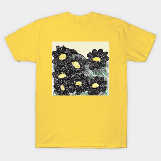 Botanical illustration with daisies. Hand painting, naturalistic black-yellow flowers. Summer print. Design for fabric, textile, packaging, flower shop, website, floristry. T-Shirt by Olesya Pugach